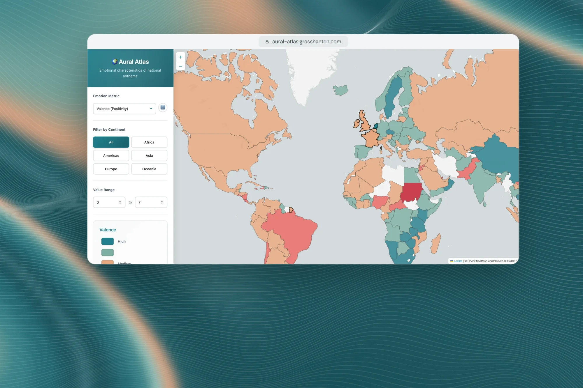 Original National Aural Atlas view: a world map with countries coloured by the mood of their national anthem, in a browser window