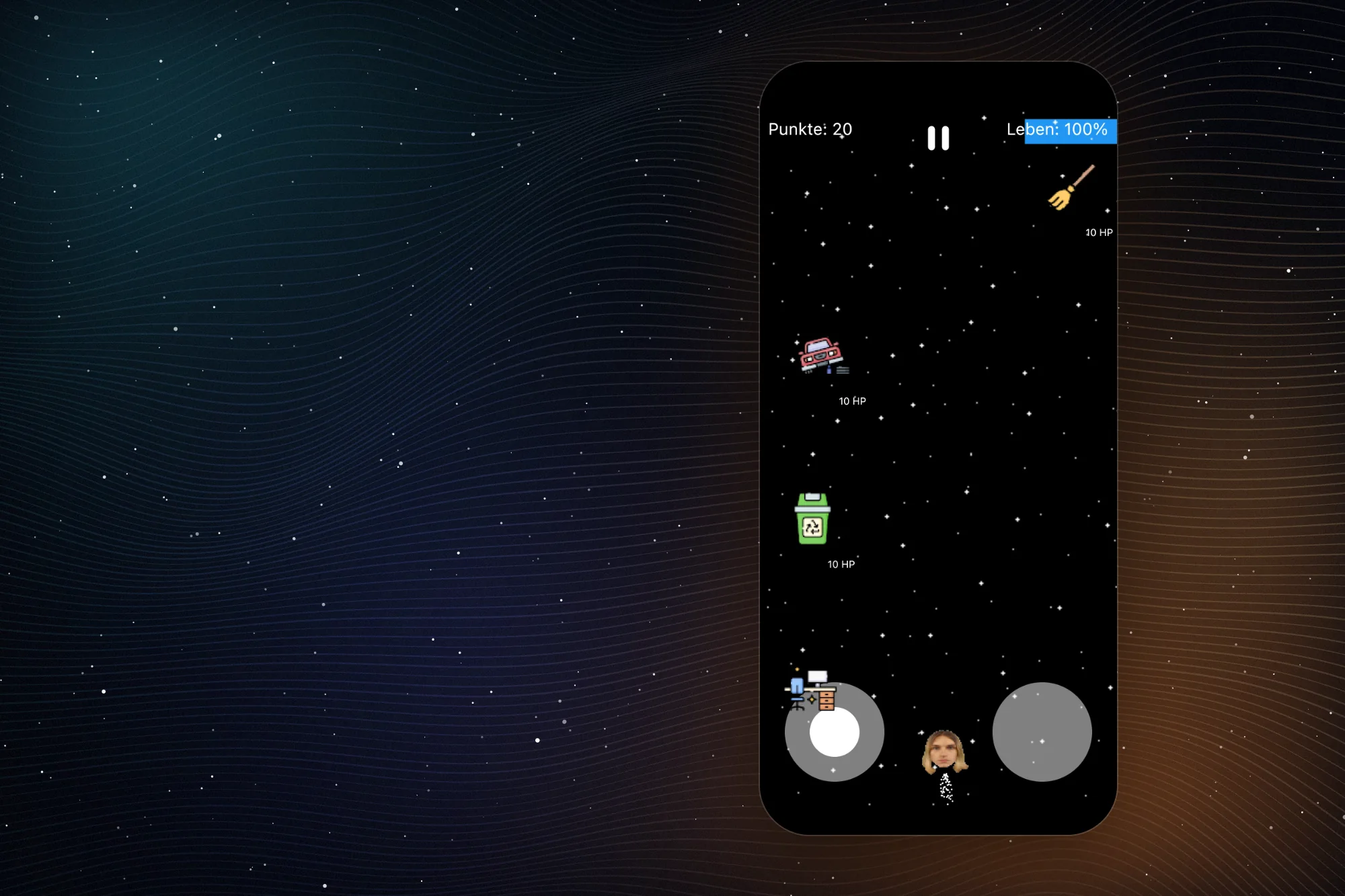 Original Joscha2 gameplay: Joscha flies through space as a broom, a car, a bin and a desk come at him, set against a designed starfield