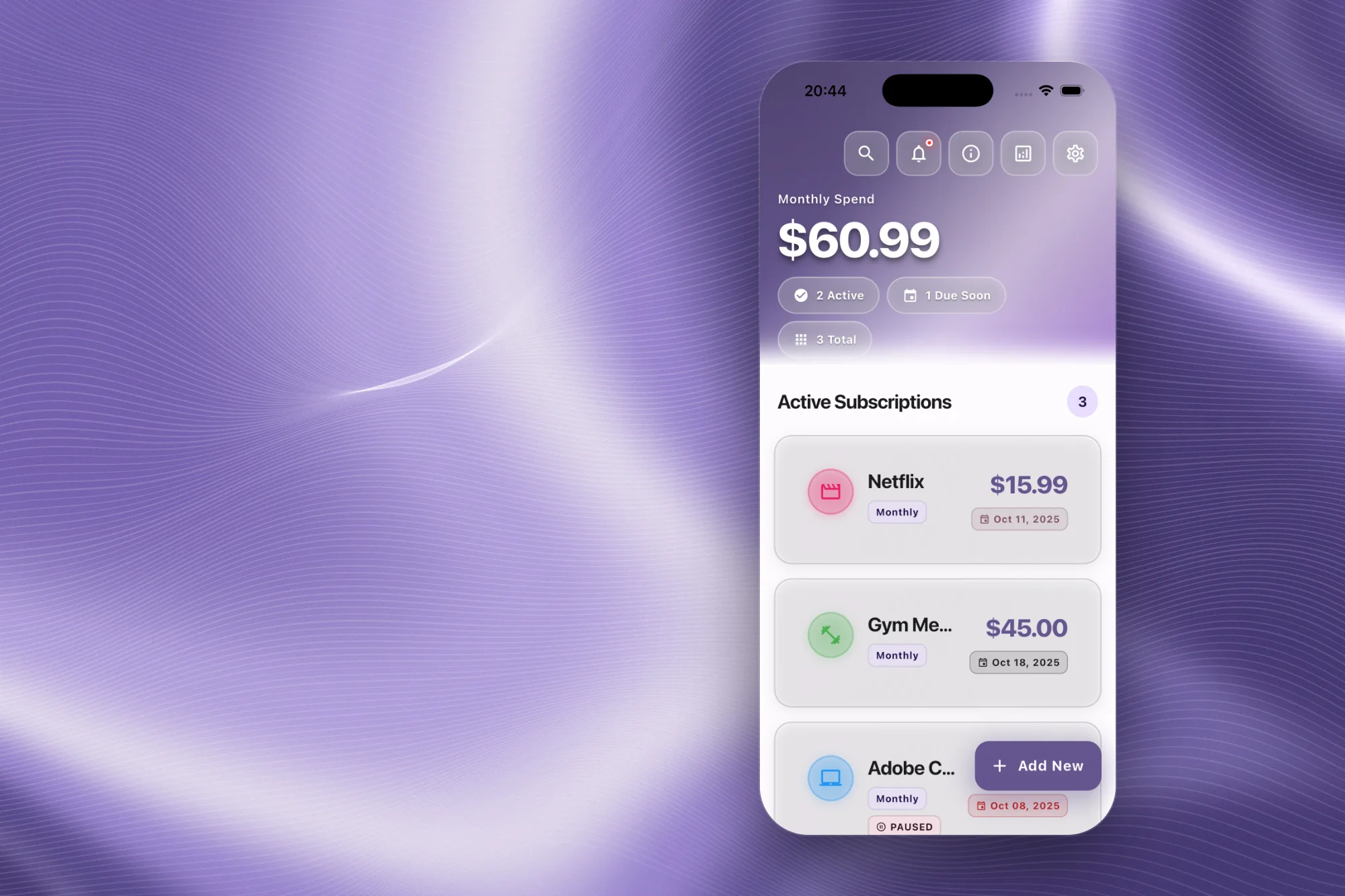Original Minuvo app view with monthly spend and active subscriptions, set against a lilac background