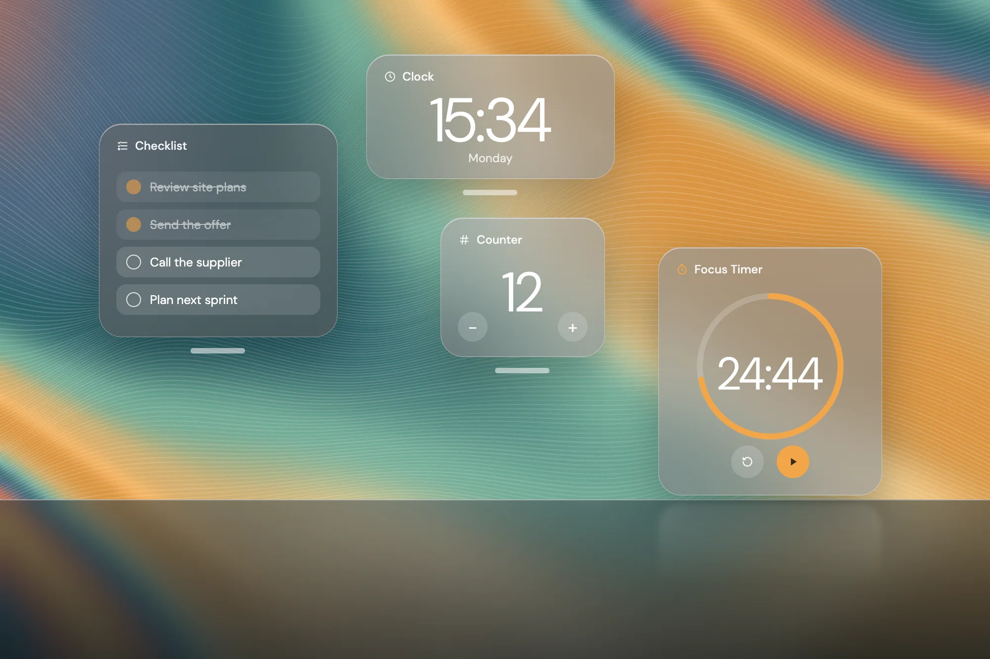 Illustration: OrbitHUD panels for a checklist, clock, counter and focus timer above a desk