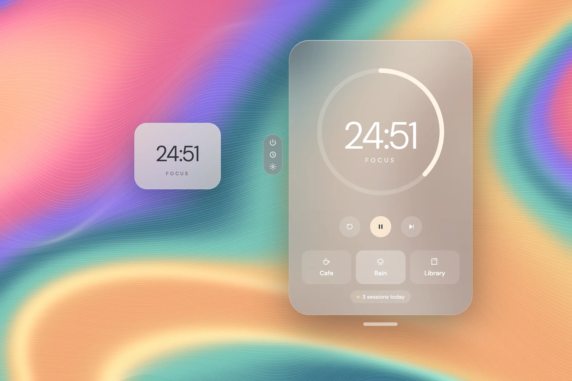 Illustration: floating Quiet Orbit window with a focus timer and a small timer widget in front of flowing colours