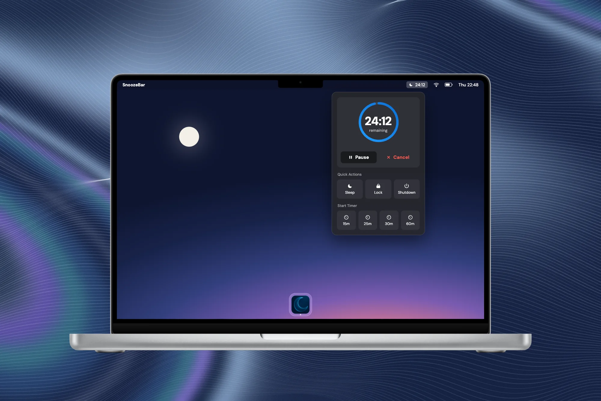 Illustration: MacBook with the SnoozeBar timer in the menu bar and the SnoozeBar menu open